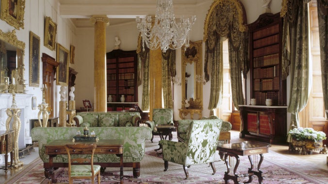 View of the Library at Ickworth in Suffolk, showing the curve of the rotunda, scagliola columns. The room was created by the 1st Marquess of Bristol.